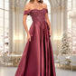 Ciara A-line Off the Shoulder Floor-Length Satin Lace Prom Dresses With Sequins DEP0025841