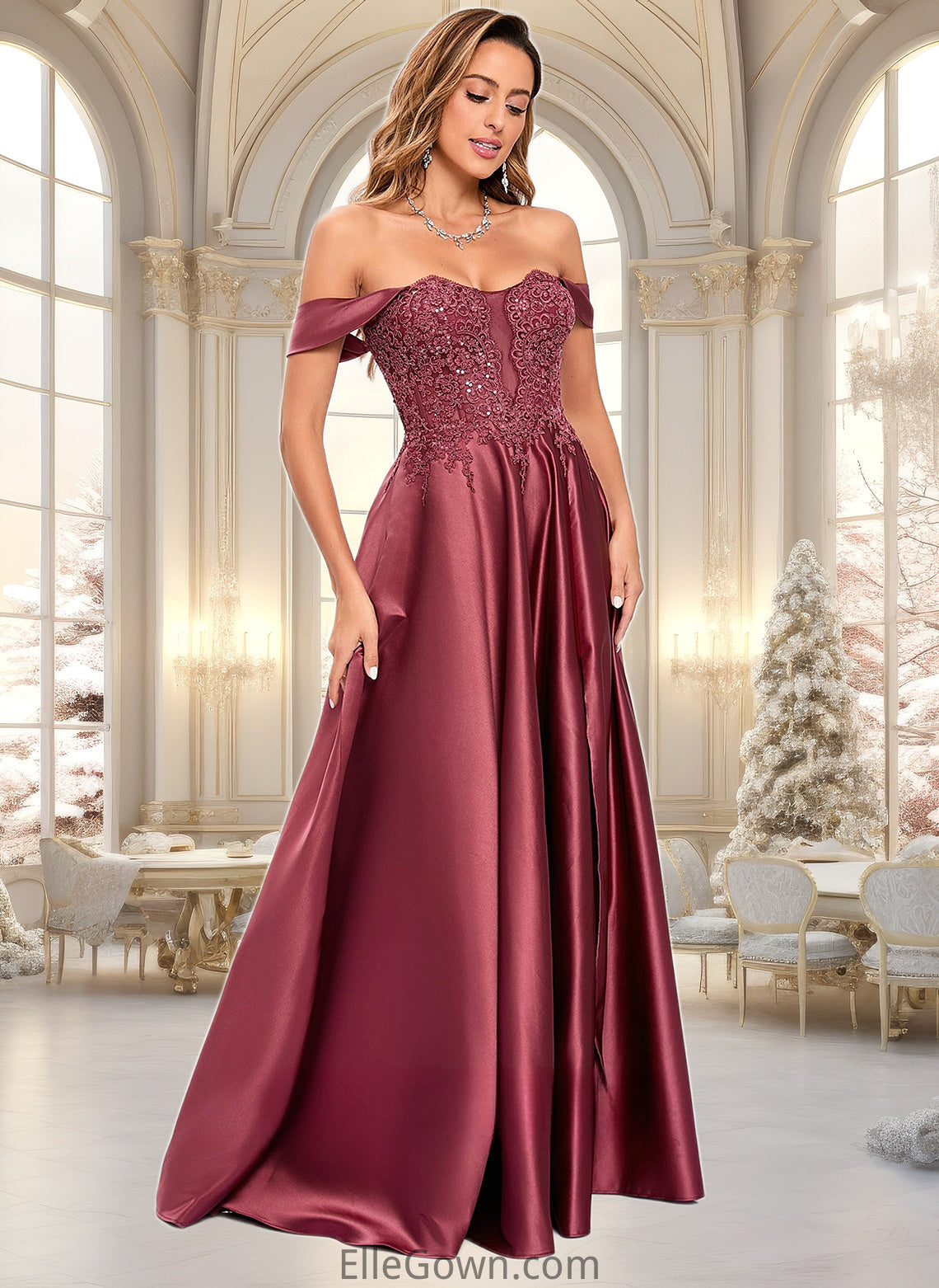 Ciara A-line Off the Shoulder Floor-Length Satin Lace Prom Dresses With Sequins DEP0025841