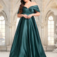 EmeryPiper A-line Off the Shoulder Floor-Length Satin Prom Dresses With Pleated DEP0025851