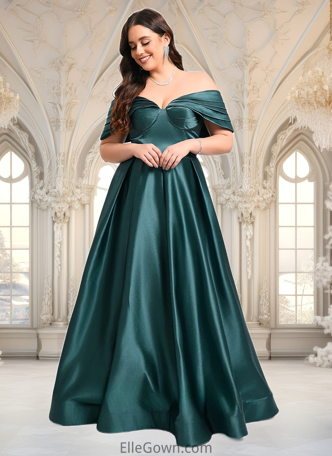 EmeryPiper A-line Off the Shoulder Floor-Length Satin Prom Dresses With Pleated DEP0025851