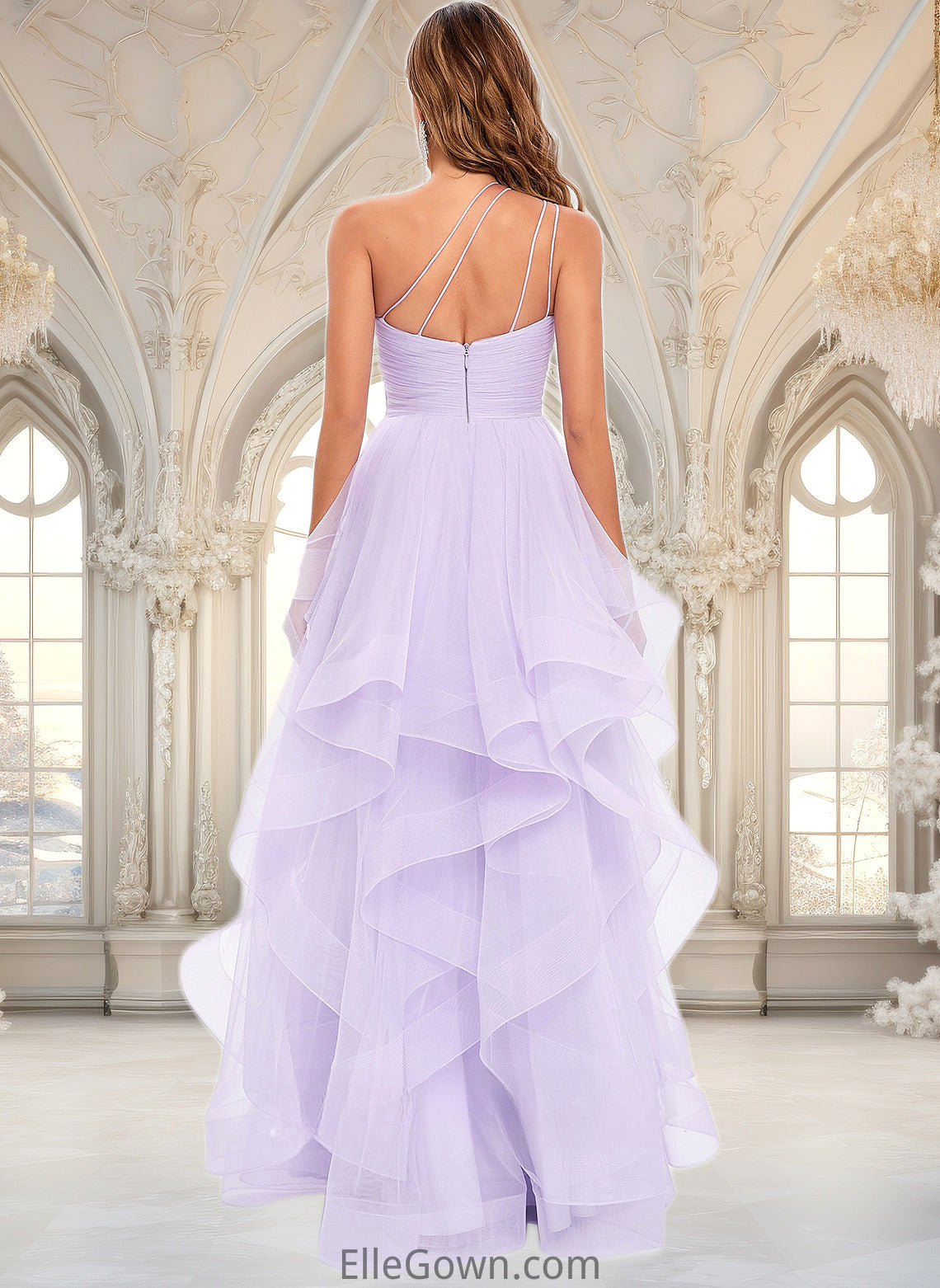 Lynn Ball-Gown/Princess Asymmetrical One Shoulder Floor-Length Tulle Prom Dresses DEP0025867