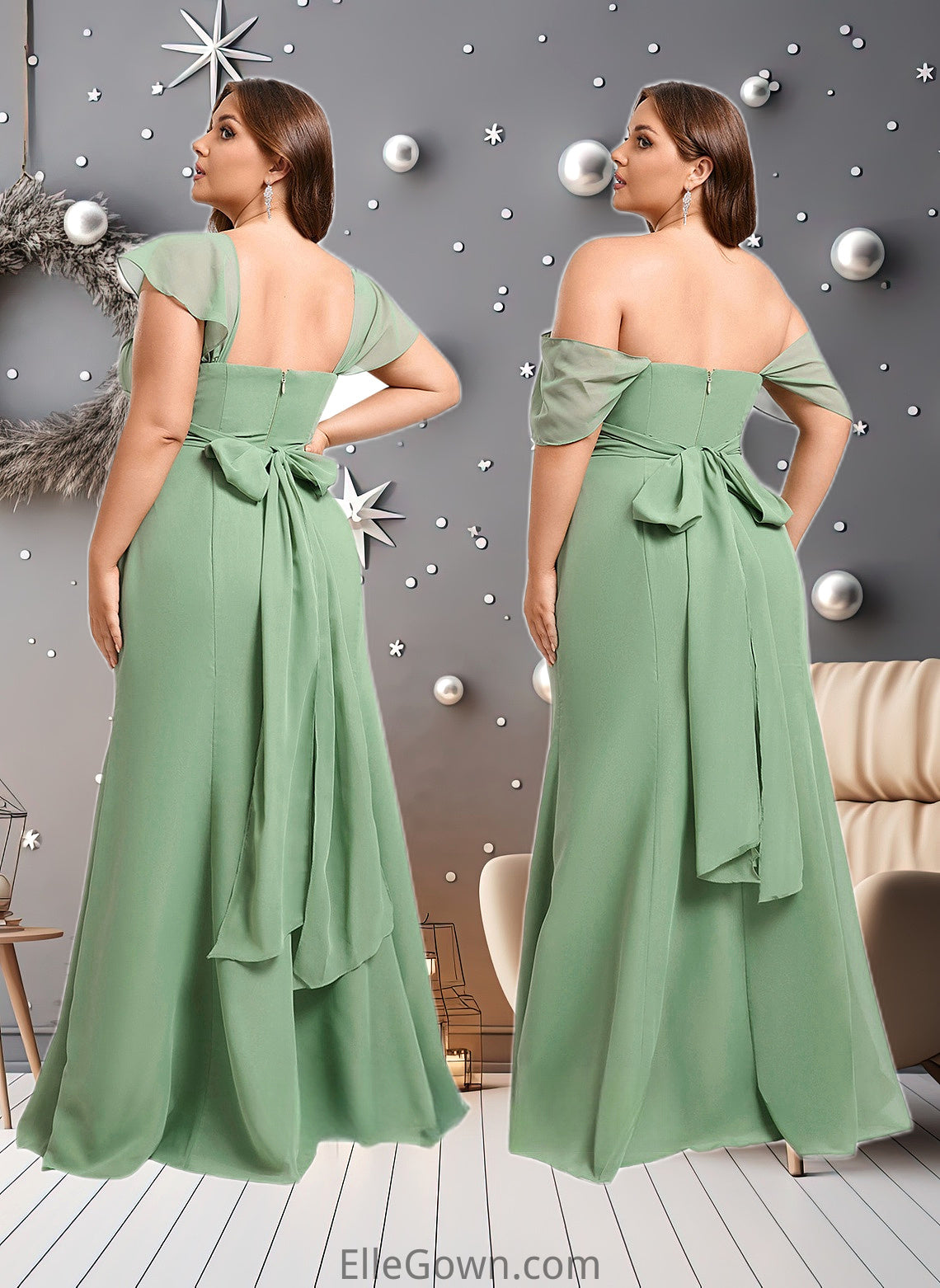 Savanah Trumpet/Mermaid Off the Shoulder V-Neck Floor-Length Chiffon Bridesmaid Dress DEP0025810