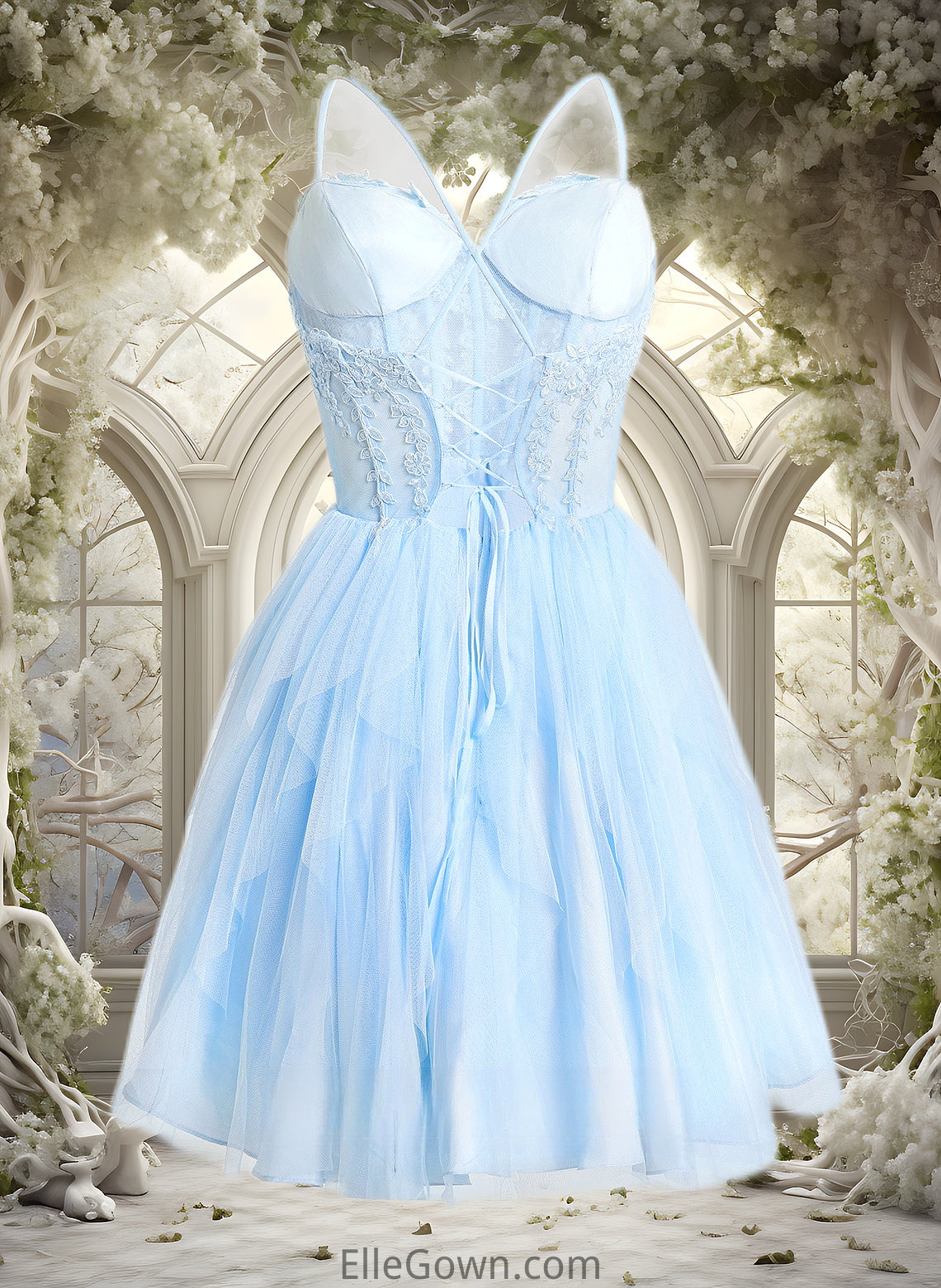 Janelle Ball-Gown/Princess Sweetheart Short Lace Tulle Homecoming Dress With Ruffle DEP0025707