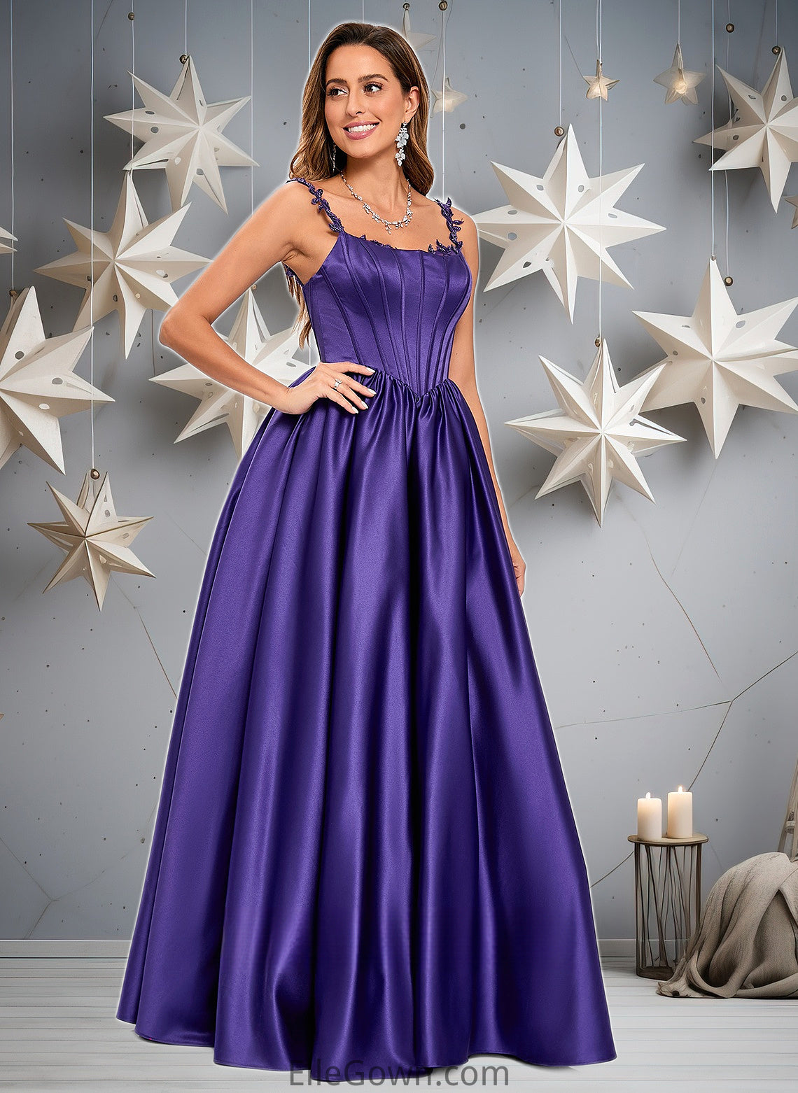 Brynlee Ball-Gown/Princess Scoop Floor-Length Satin Prom Dresses With Appliques Lace Beading DEP0025865