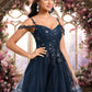 Kelsie A-line V-Neck Short Tulle Lace Homecoming Dress With Sequins DEP0025642