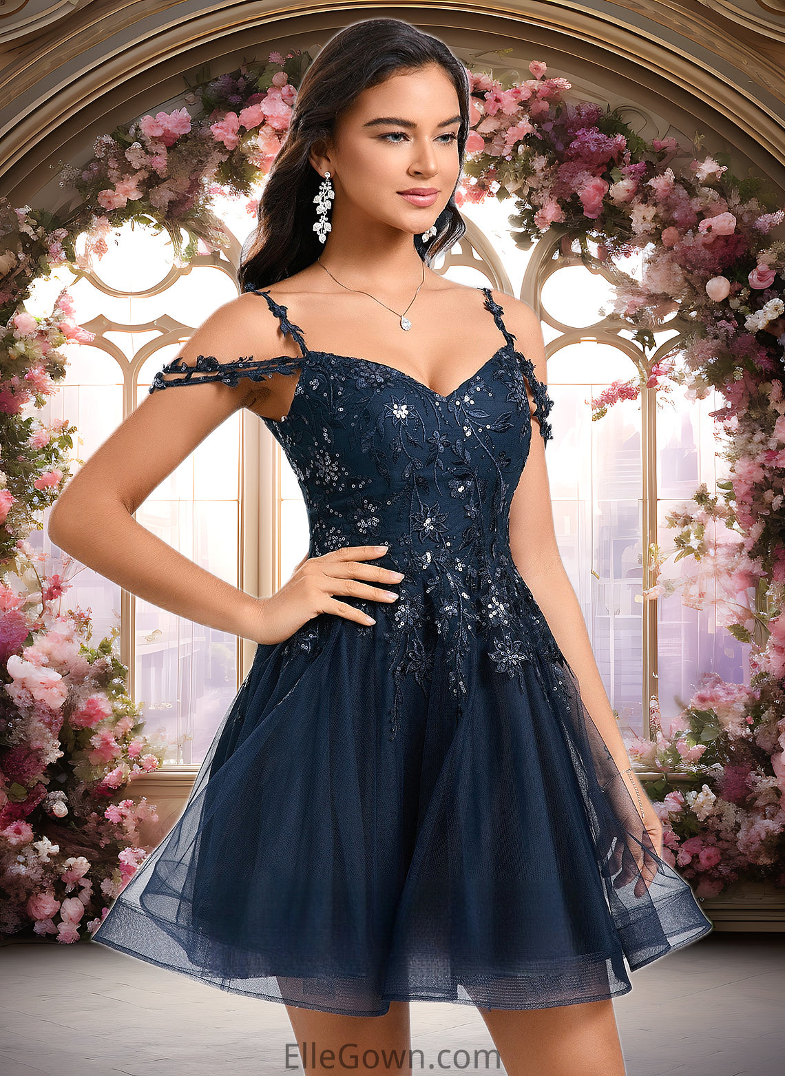 Kelsie A-line V-Neck Short Tulle Lace Homecoming Dress With Sequins DEP0025642