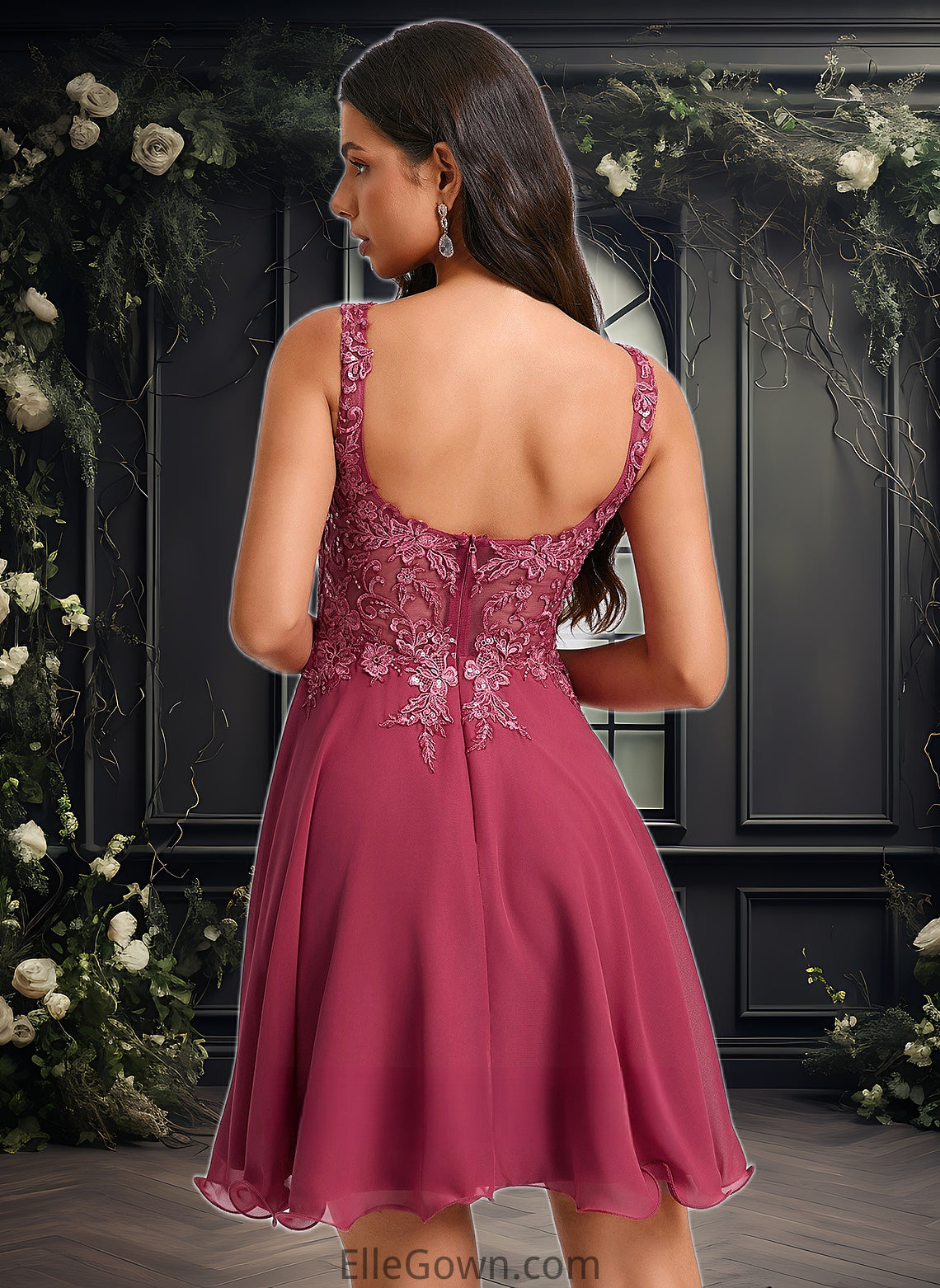 Alisson A-line Scoop Short Chiffon Homecoming Dress With Sequins Appliques Lace DEP0025681