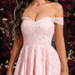 Ireland A-line Off the Shoulder Short Satin Homecoming Dress With Rhinestone Beading Appliques Lace DEP0025679