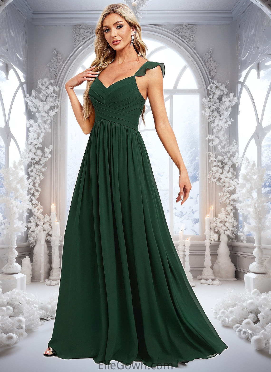 Paola A-line V-Neck Floor-Length Chiffon Bridesmaid Dress With Ruffle DEP0025811