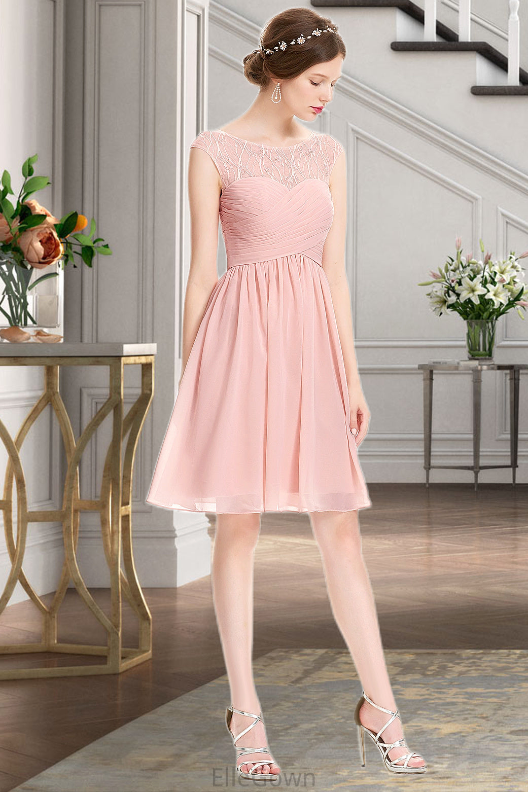 Brooklyn A-line Scoop Knee-Length Chiffon Tulle Homecoming Dress With Beading Ruffle DEP0020594