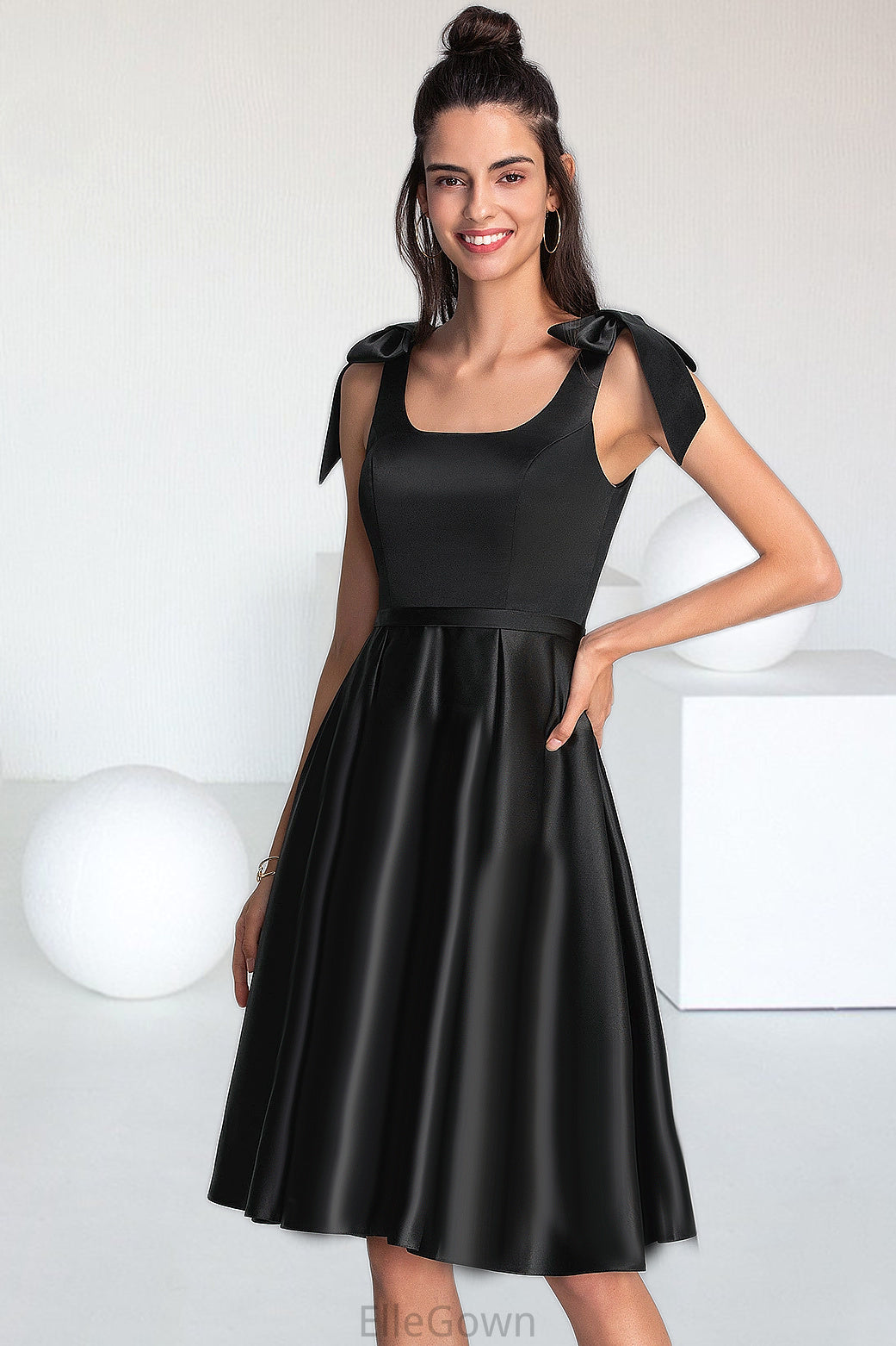 Dana A-line Square Knee-Length Satin Homecoming Dress With Bow DEP0020556