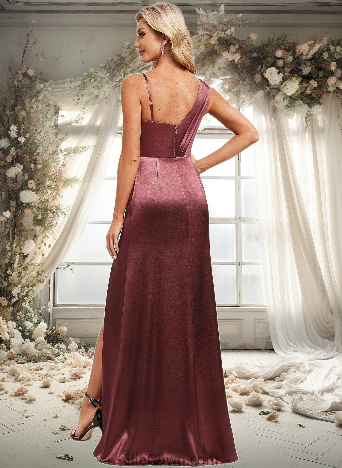 Miya A-line Asymmetrical Floor-Length Stretch Satin Bridesmaid Dress DEP0025828