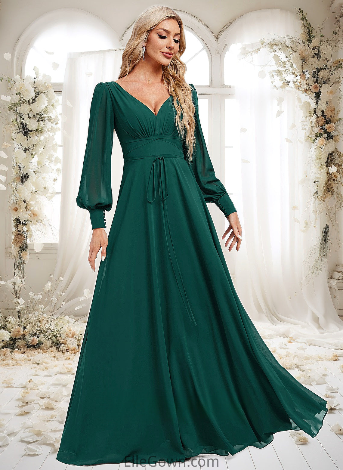 Alannah A-line V-Neck Floor-Length Chiffon Bridesmaid Dress DEP0025816