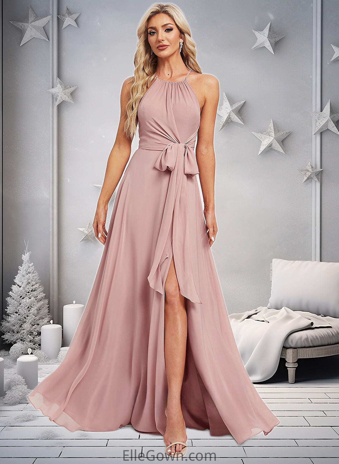 Gwendolyn A-line Halter Floor-Length Chiffon Bridesmaid Dress DEP0025821