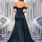 Stephanie Trumpet/Mermaid Off the Shoulder Sweep Train Satin Prom Dresses With Sequins Appliques Lace DEP0025835