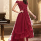 Jaylene A-line Off the Shoulder Asymmetrical Lace Tulle Homecoming Dress With Beading Bow Sequins DEP0020535