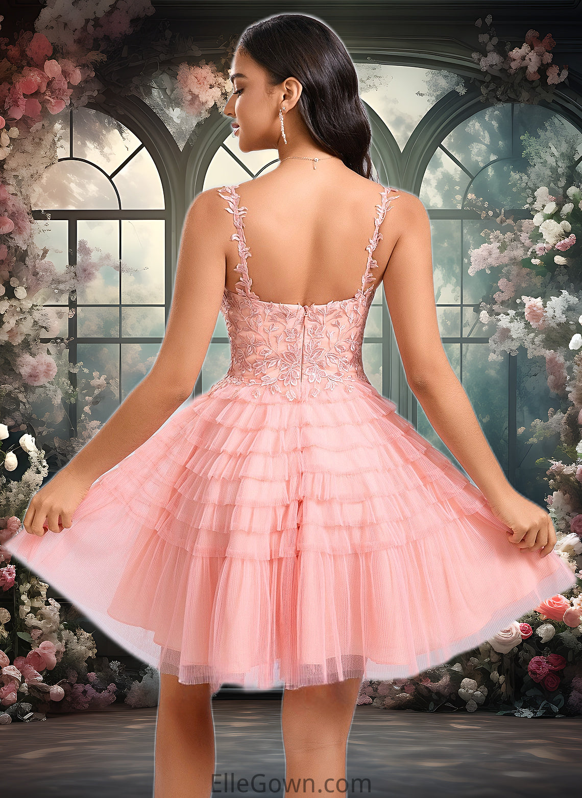 Dania Ball-Gown/Princess Scoop Short Tulle Lace Homecoming Dress With Ruffle DEP0025676