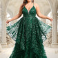 Finley Ball-Gown/Princess V-Neck Floor-Length Lace Floral Prom Dresses With Sequins DEP0025838