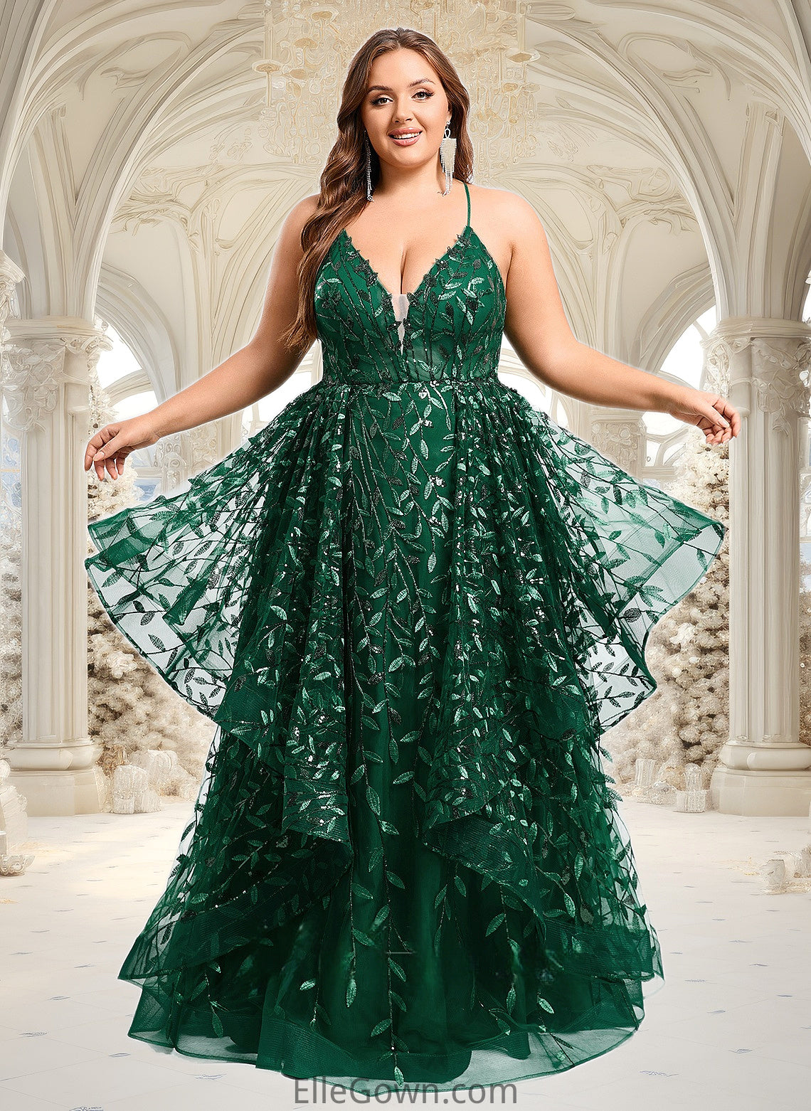 Finley Ball-Gown/Princess V-Neck Floor-Length Lace Floral Prom Dresses With Sequins DEP0025838