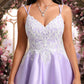 Anabel A-line V-Neck Short Satin Homecoming Dress With Appliques Lace DEP0025696