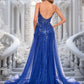 Pearl Trumpet/Mermaid Straight Sweep Train Tulle Sequin Prom Dresses With Sequins Appliques Lace DEP0025857