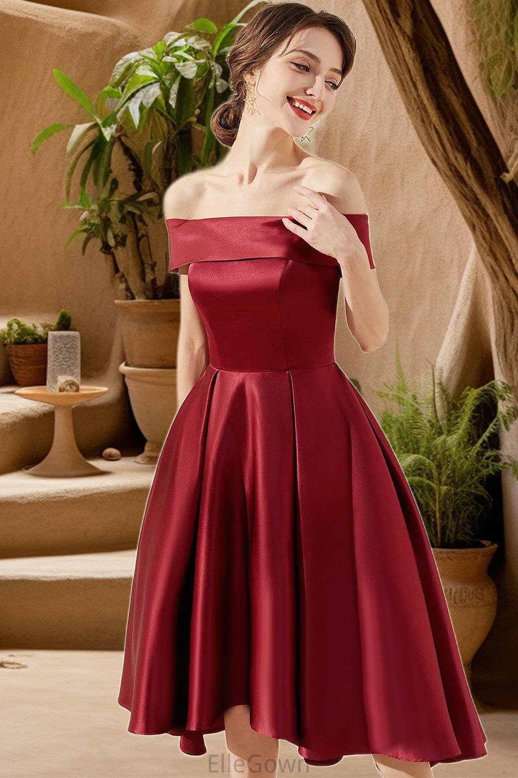 Alexus A-line Off the Shoulder Asymmetrical Satin Homecoming Dress DEP0020532