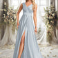 Susie A-line V-Neck Floor-Length Satin Prom Dresses DEP0025877