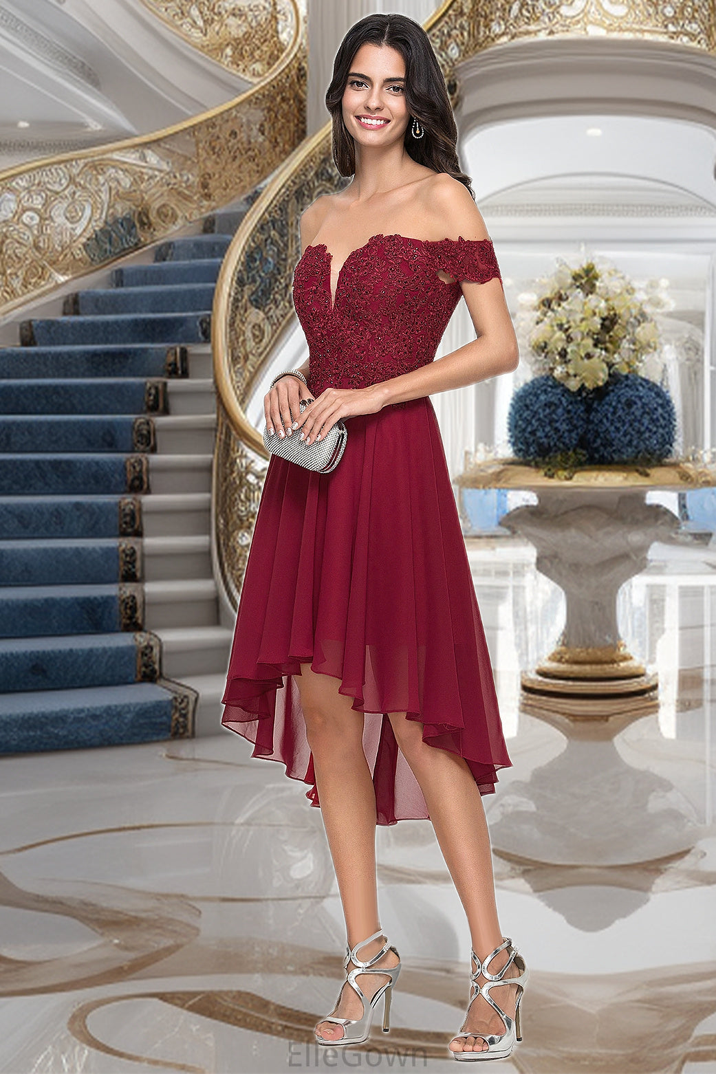 Hayley A-line Off the Shoulder Asymmetrical Chiffon Homecoming Dress With Beading DEP0020582