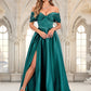 EmeryPiper A-line Off the Shoulder Floor-Length Satin Prom Dresses With Pleated DEP0025851