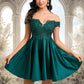 Kenya A-line Off the Shoulder Short Lace Satin Homecoming Dress With Rhinestone DEP0025718