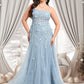 Margery Trumpet/Mermaid Straight Sweep Train Tulle Prom Dresses With Flower DEP0025866