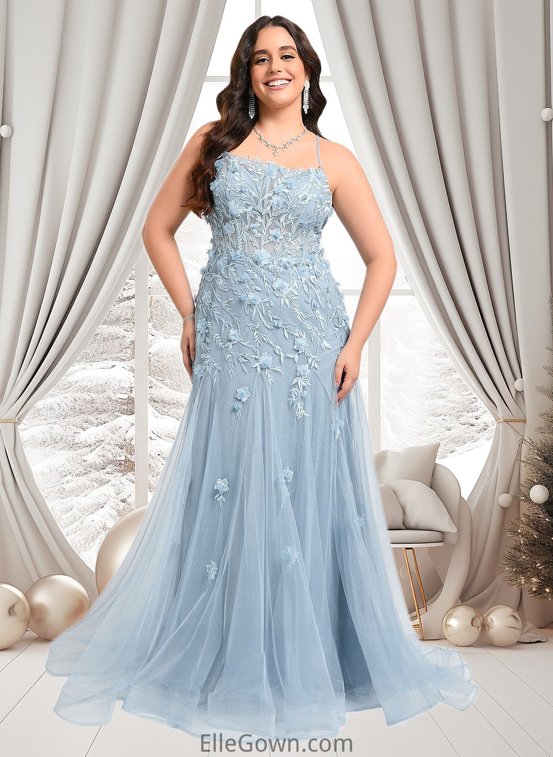 Margery Trumpet/Mermaid Straight Sweep Train Tulle Prom Dresses With Flower DEP0025866