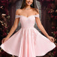 Ireland A-line Off the Shoulder Short Satin Homecoming Dress With Rhinestone Beading Appliques Lace DEP0025679