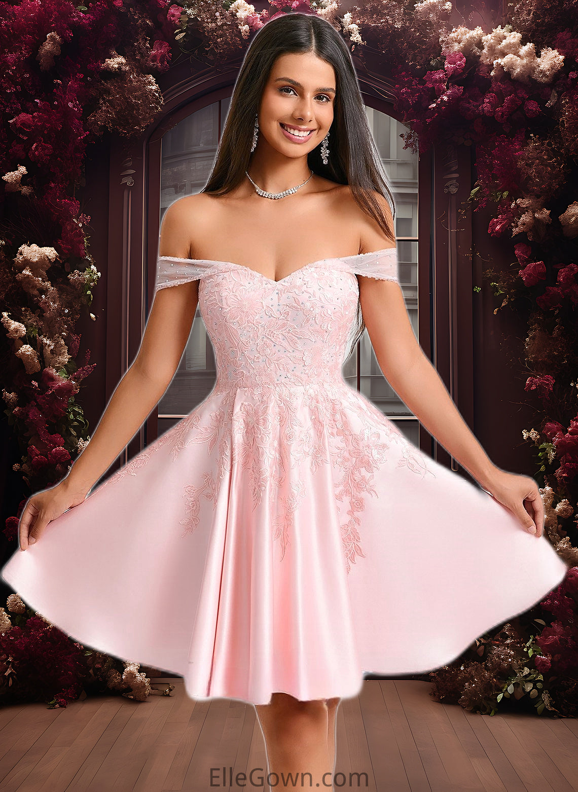 Ireland A-line Off the Shoulder Short Satin Homecoming Dress With Rhinestone Beading Appliques Lace DEP0025679