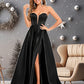 Alissa A-line V-Neck Sweep Train Satin Prom Dresses DEP0025842