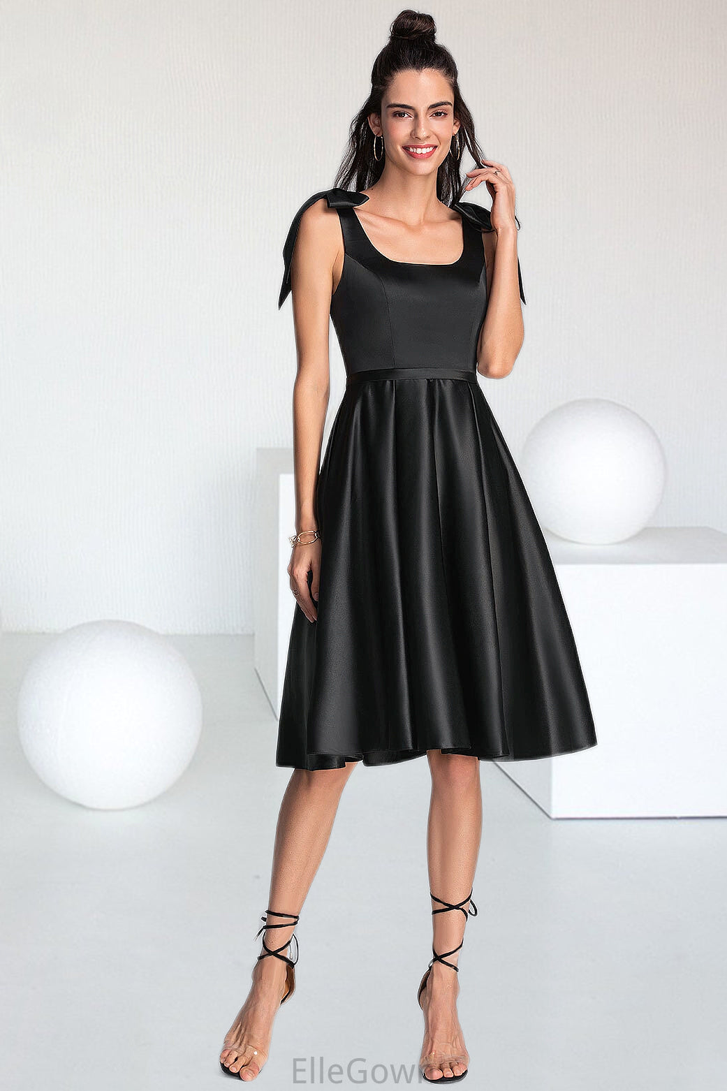 Dana A-line Square Knee-Length Satin Homecoming Dress With Bow DEP0020556