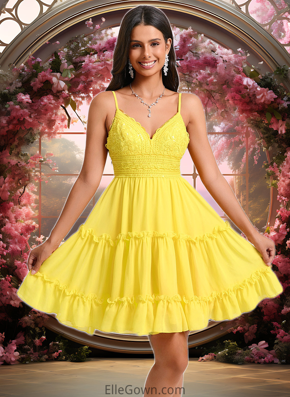 Presley A-line V-Neck Short Chiffon Homecoming Dress With Ruffle Sequins DEP0025700