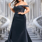 Stephanie Trumpet/Mermaid Off the Shoulder Sweep Train Satin Prom Dresses With Sequins Appliques Lace DEP0025835