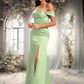 Genesis Trumpet/Mermaid Off the Shoulder Square Floor-Length Satin Prom Dresses With Ruffle DEP0025883