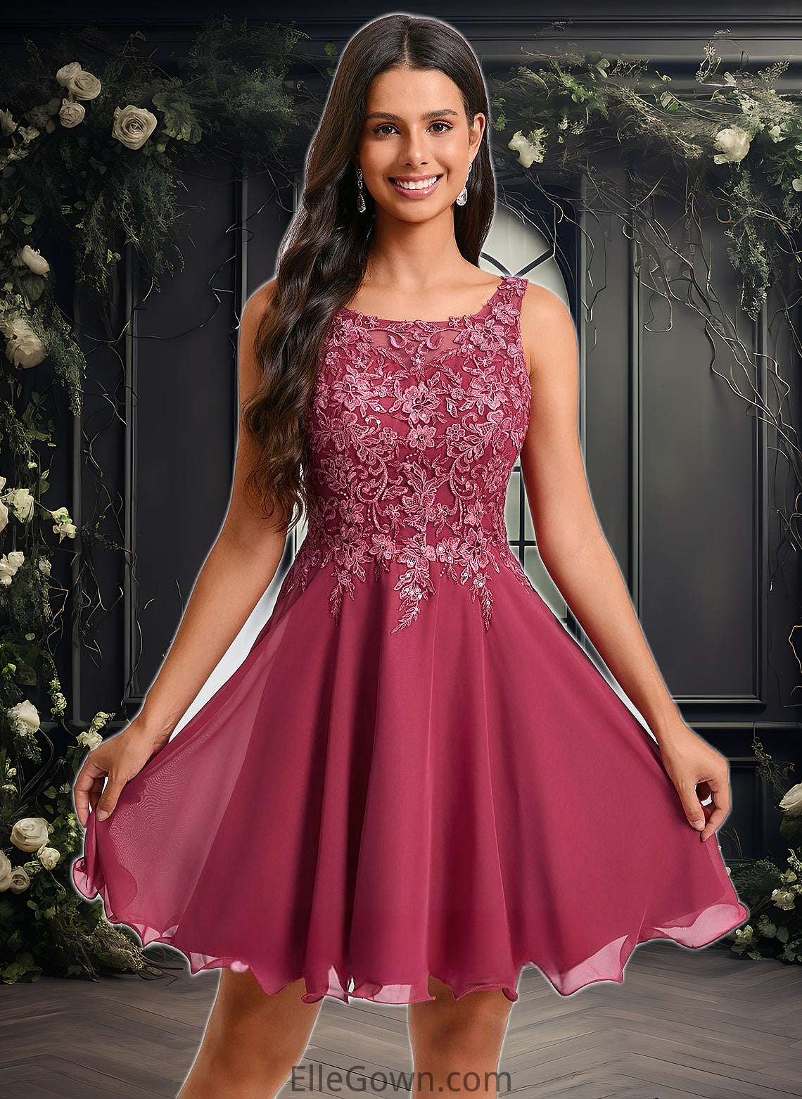 Alisson A-line Scoop Short Chiffon Homecoming Dress With Sequins Appliques Lace DEP0025681