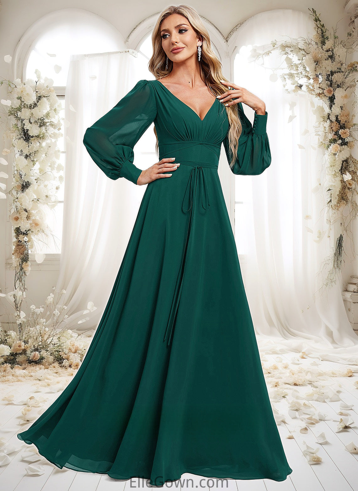 Alannah A-line V-Neck Floor-Length Chiffon Bridesmaid Dress DEP0025816