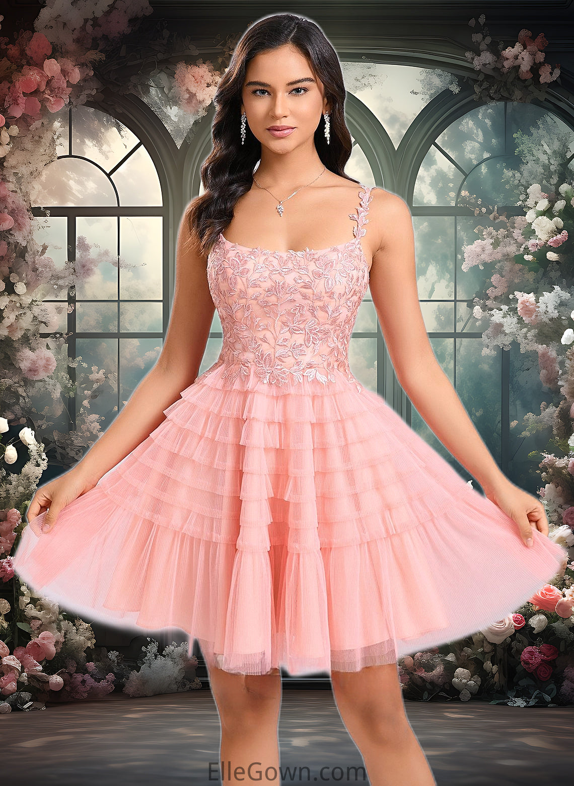 Dania Ball-Gown/Princess Scoop Short Tulle Lace Homecoming Dress With Ruffle DEP0025676