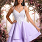 Anabel A-line V-Neck Short Satin Homecoming Dress With Appliques Lace DEP0025696