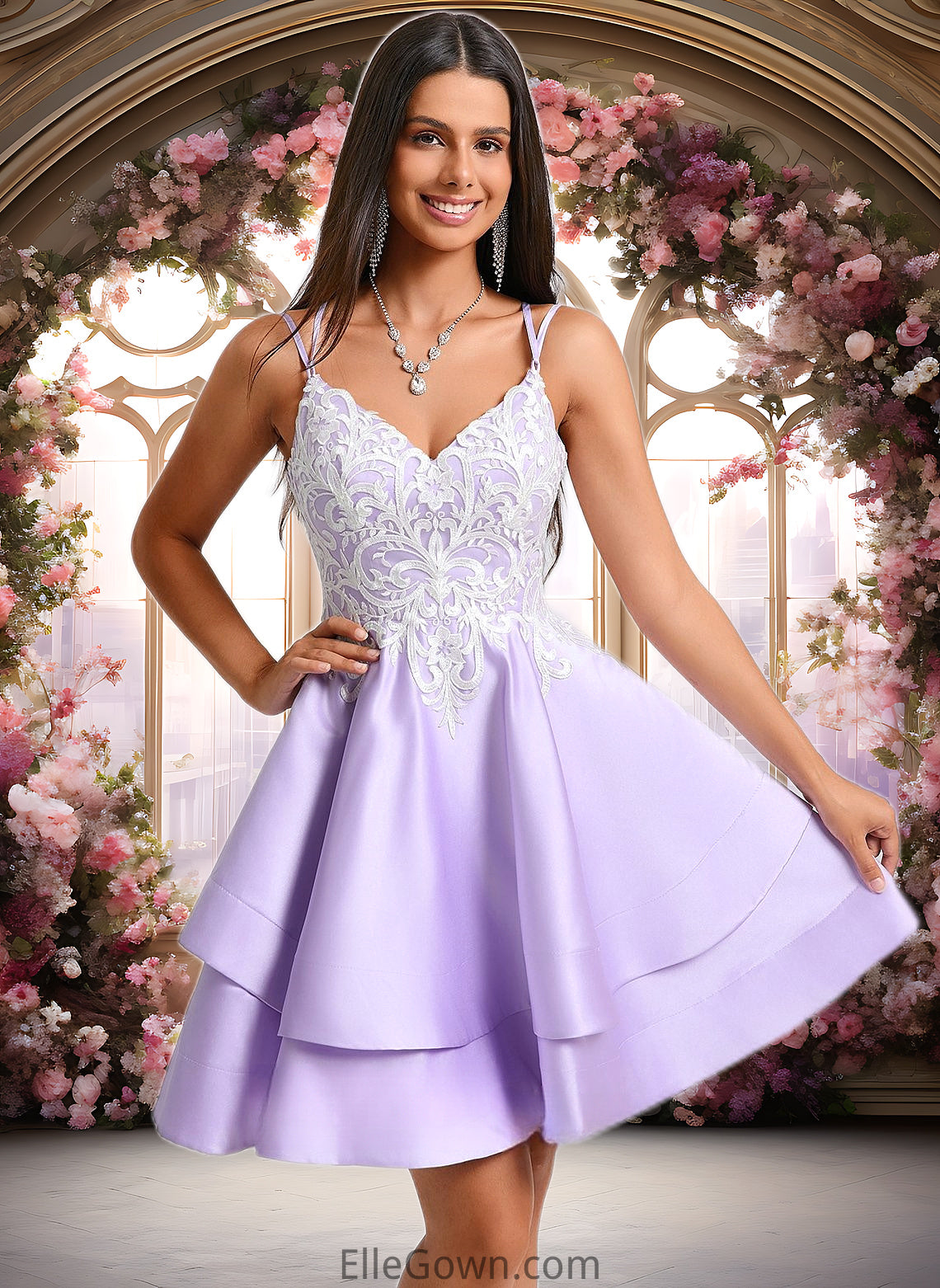 Anabel A-line V-Neck Short Satin Homecoming Dress With Appliques Lace DEP0025696