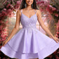 Shaylee A-line V-Neck Short Satin Homecoming Dress With Appliques Lace DEP0025692