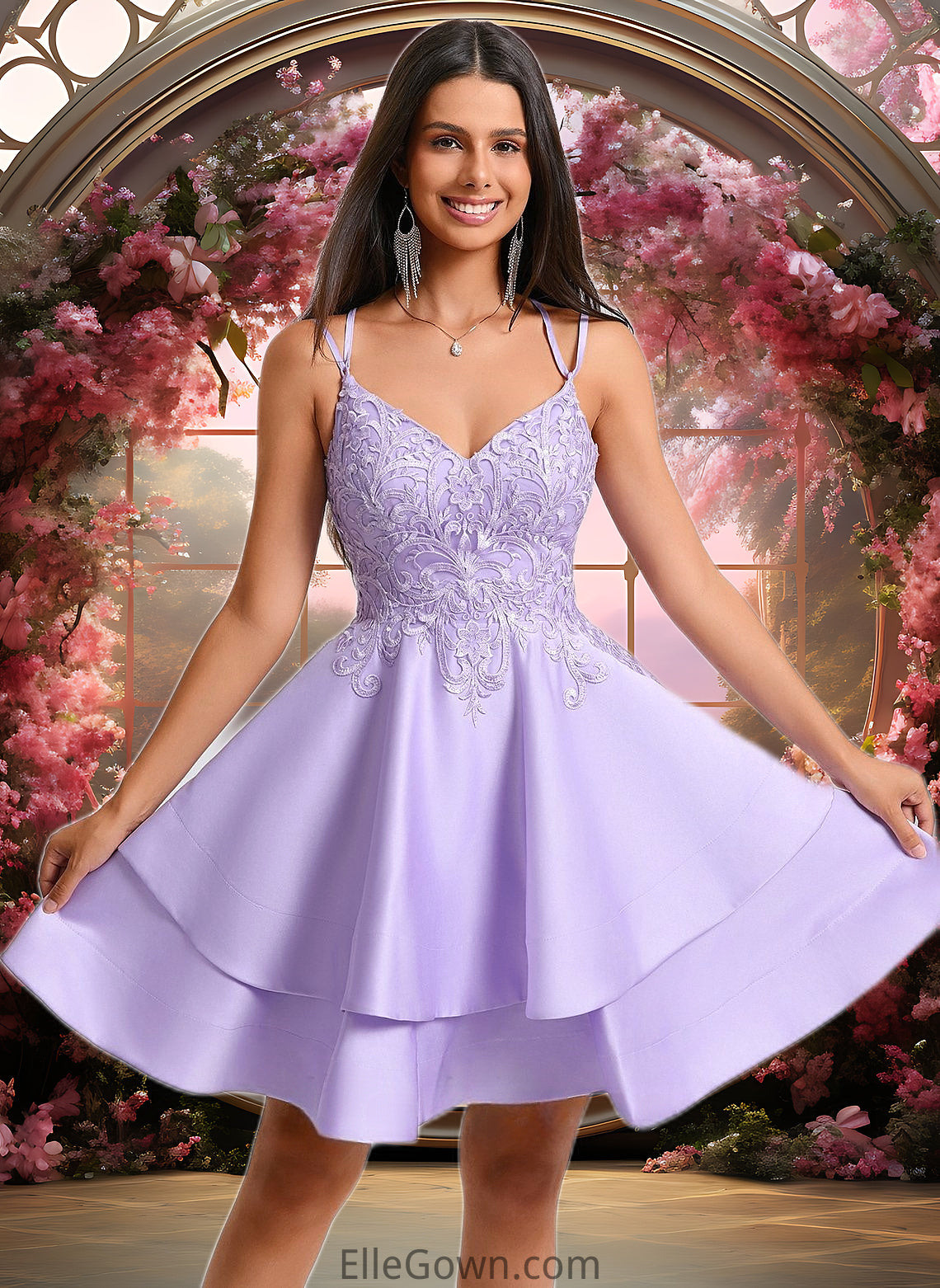 Shaylee A-line V-Neck Short Satin Homecoming Dress With Appliques Lace DEP0025692