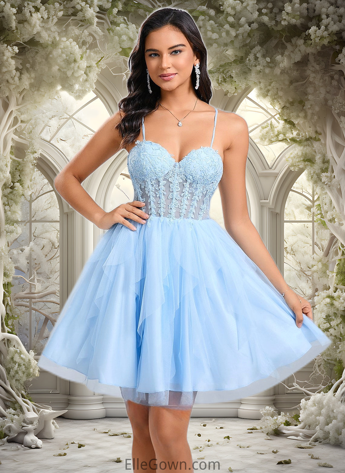 Janelle Ball-Gown/Princess Sweetheart Short Lace Tulle Homecoming Dress With Ruffle DEP0025707