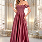 Ciara A-line Off the Shoulder Floor-Length Satin Lace Prom Dresses With Sequins DEP0025841