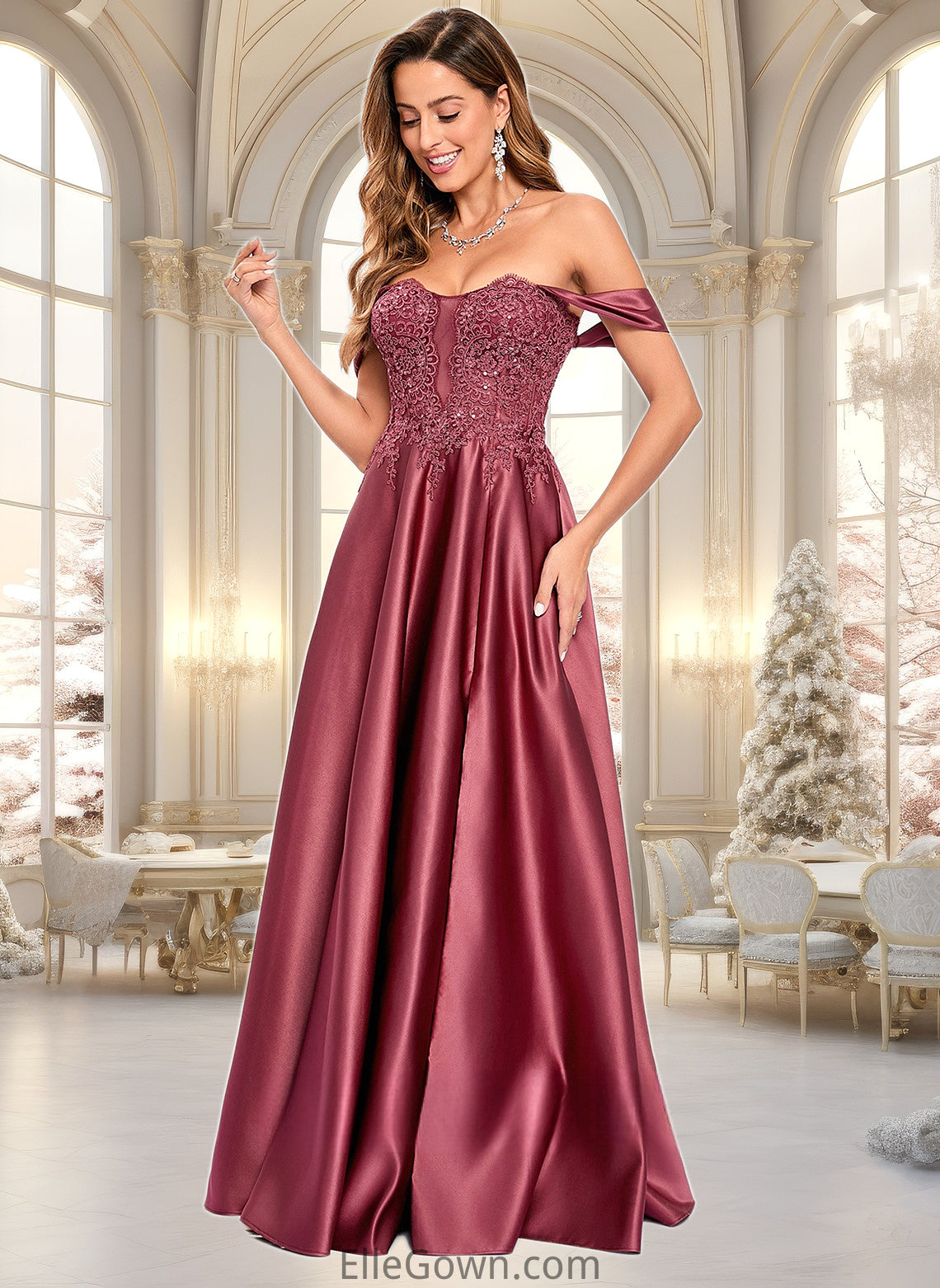 Ciara A-line Off the Shoulder Floor-Length Satin Lace Prom Dresses With Sequins DEP0025841