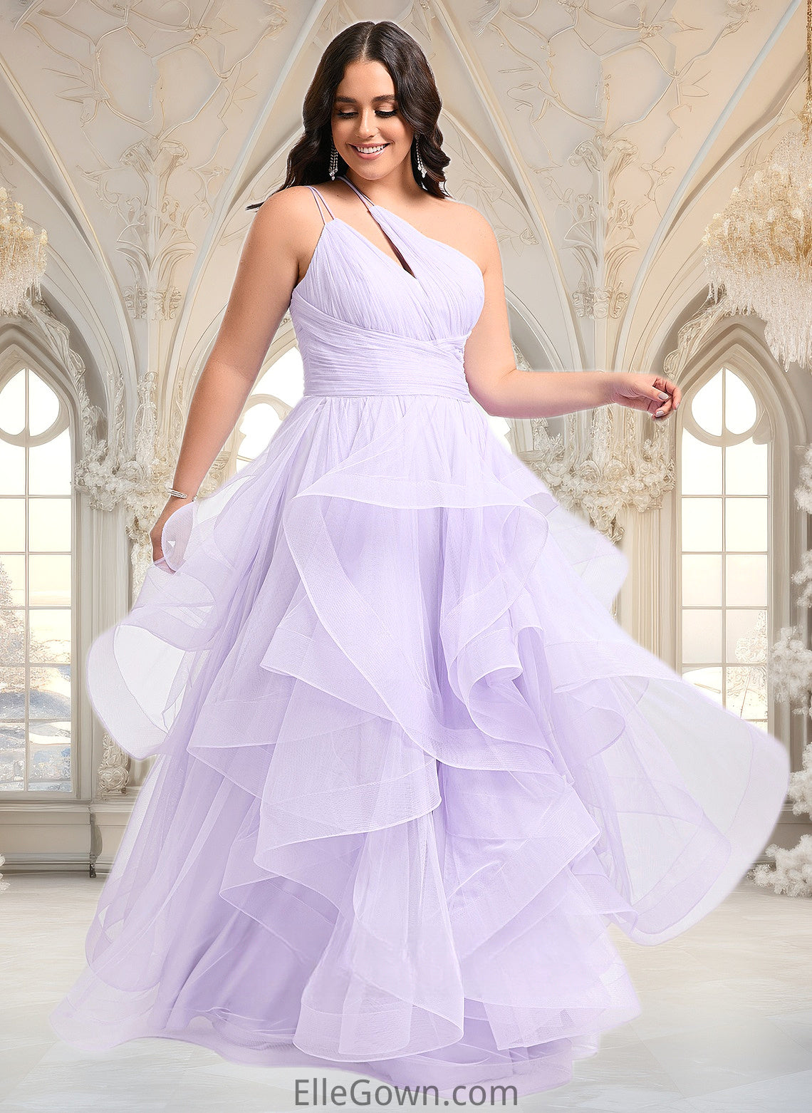 Lynn Ball-Gown/Princess Asymmetrical One Shoulder Floor-Length Tulle Prom Dresses DEP0025867